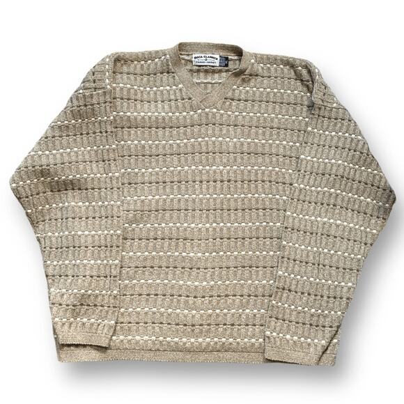 Vintage Boca Classics Sweater Hand Loomed Tan Horizontal Stripe Vneck Pullover - Picture 1 of 8